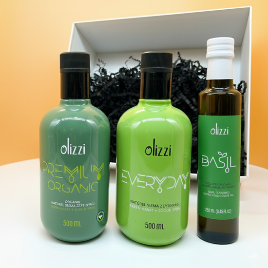 Kurumsal Hediye Seti 6: Olizzi Premium Organik Zeytinyağı 500 ML ve Olizzi Everyday Zeytinyağı 500 ML + Olizzi Fesleğen Aromalı Natürel Sızma Zeytinyağı 250 ML