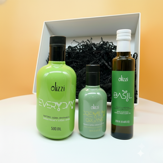 Kurumsal Hediye Seti 7: Olizzi Premium Organik Zeytinyağı 250  ML ve Olizzi Everyday Zeytinyağı 500 ML + Olizzi Fesleğen Aromalı Natürel Sızma Zeytinyağı 250 ML