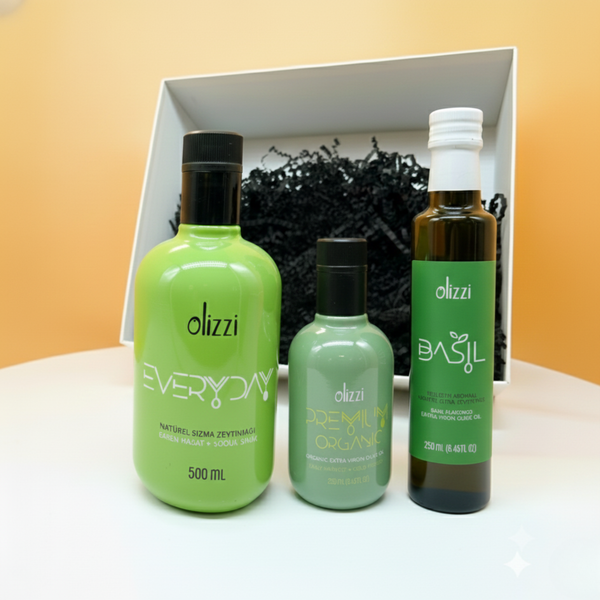 Kurumsal Hediye Seti 7: Olizzi Premium Organik Zeytinyağı 250  ML ve Olizzi Everyday Zeytinyağı 500 ML + Olizzi Fesleğen Aromalı Natürel Sızma Zeytinyağı 250 ML