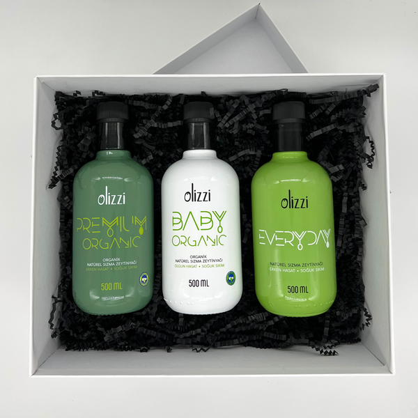 Kurumsal Hediye Seti 2: Olizzi Premium + Olizzi Everyday + Olizzi Baby Organik Natürel Sızma Zeytinyağı 500 ML